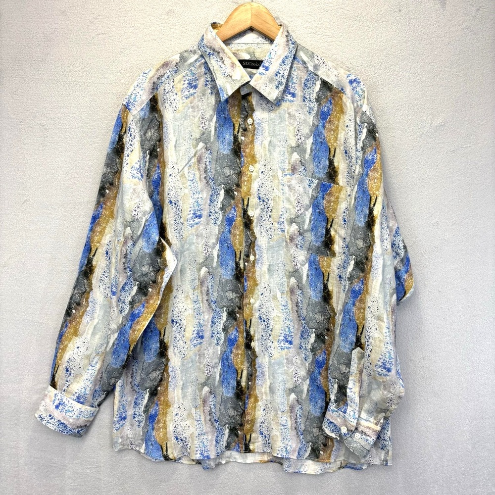 St. Croix 100% Linen Italy Shirt Mens XL Long Sleeve Button Abstract Luxury RARE